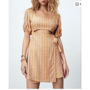Zara Mustard Yellow Striped Cutout Puff Sleeve Linen Blend Mini Dress L